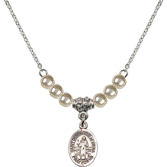 Sterling Silver Saint Bernadine of Sienna Birthstone Necklace with Faux-Pearl Beads - 9387