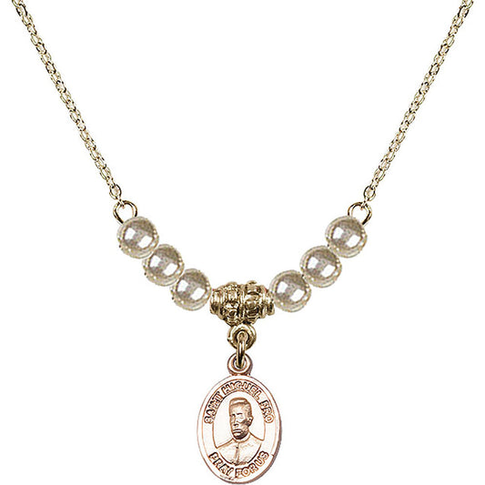 14kt Gold Filled Blessed Miguel Pro Birthstone Necklace with Faux-Pearl Beads - 9389