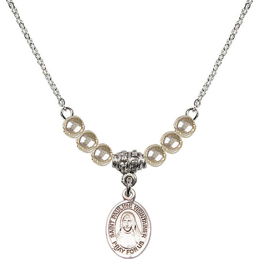 Sterling Silver Saint Pauline Visintainer Birthstone Necklace with Faux-Pearl Beads - 9391