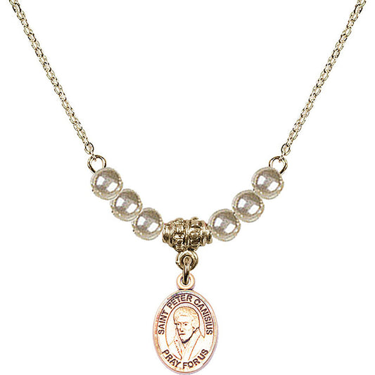 14kt Gold Filled Saint Peter Canisius Birthstone Necklace with Faux-Pearl Beads - 9393