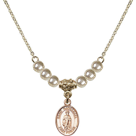 14kt Gold Filled Saint Nathanael Birthstone Necklace with Faux-Pearl Beads - 9398