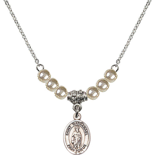 Sterling Silver Saint Nathanael Birthstone Necklace with Faux-Pearl Beads - 9398