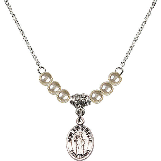 Sterling Silver Saint Columbkille Birthstone Necklace with Faux-Pearl Beads - 9399