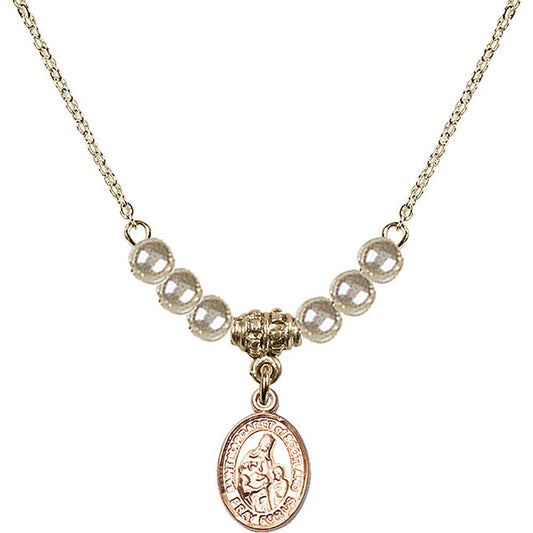 14kt Gold Filled Saint Margaret of Scotland Birthstone Necklace with Faux-Pearl Beads - 9407
