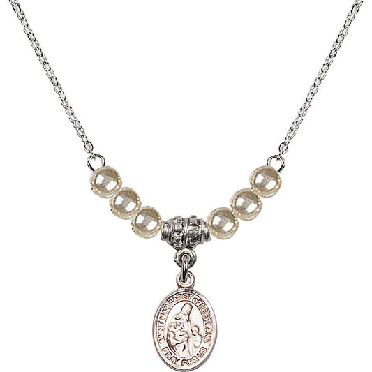 Sterling Silver Saint Margaret of Scotland Birthstone Necklace with Faux-Pearl Beads - 9407