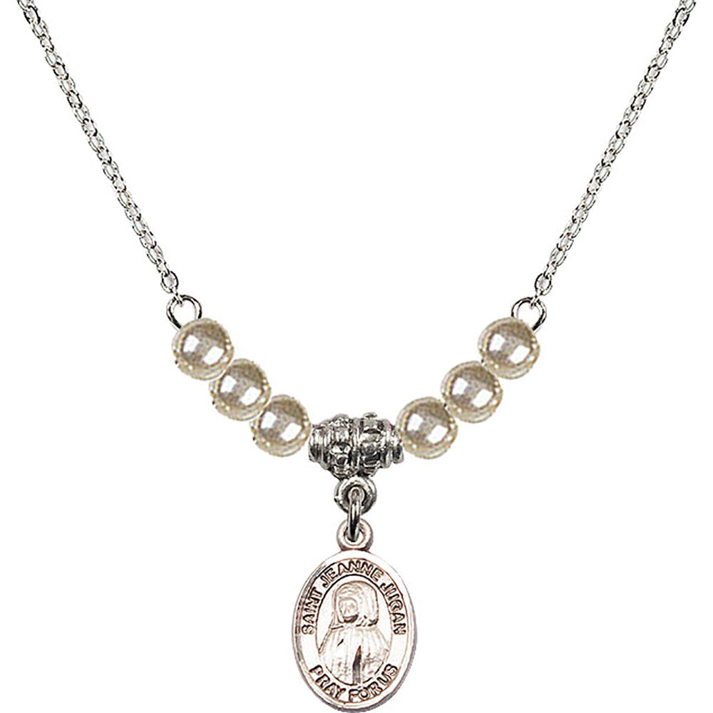 Sterling Silver Saint Jeanne Jugan Birthstone Necklace with Faux-Pearl Beads - 9409
