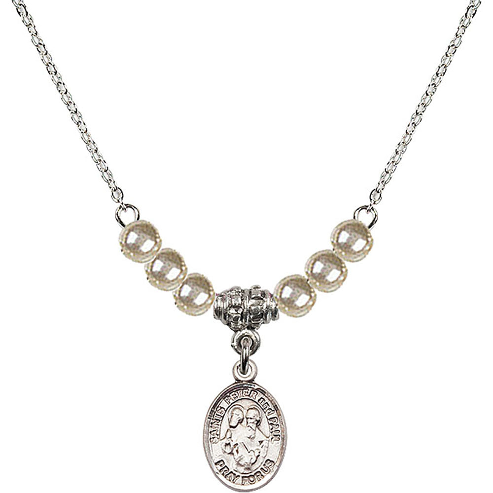 Sterling Silver Saints Peter & Paul Birthstone Necklace with Faux-Pearl Beads - 9410