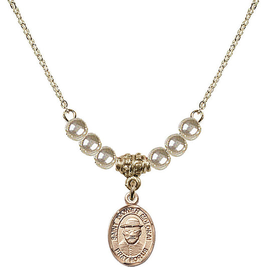 14kt Gold Filled Saint Damien of Molokai Birthstone Necklace with Faux-Pearl Beads - 9412
