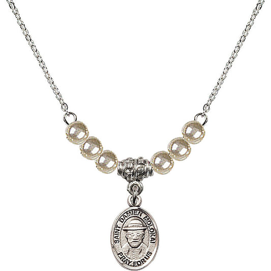 Sterling Silver Saint Damien of Molokai Birthstone Necklace with Faux-Pearl Beads - 9412