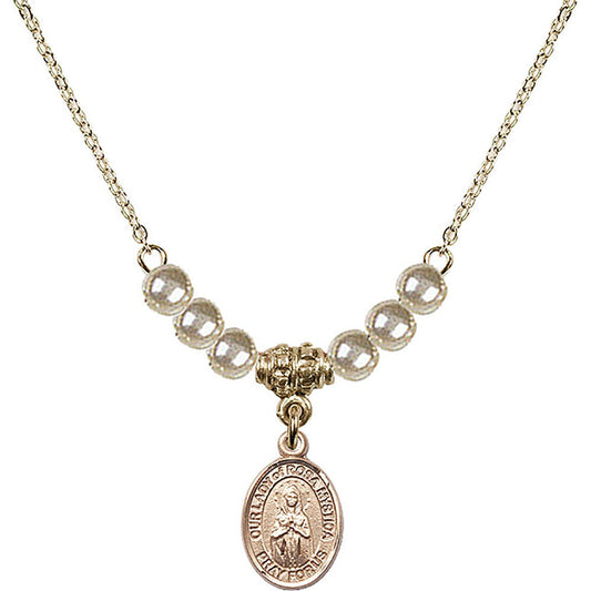 14kt Gold Filled Our Lady of Rosa Mystica Birthstone Necklace with Faux-Pearl Beads - 9413