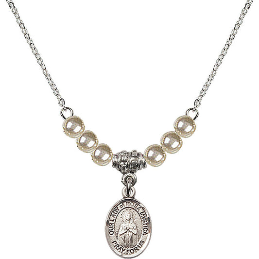 Sterling Silver Our Lady of Rosa Mystica Birthstone Necklace with Faux-Pearl Beads - 9413