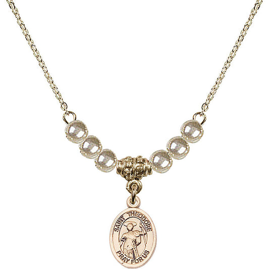 14kt Gold Filled Saint Theodore Stratelates Birthstone Necklace with Faux-Pearl Beads - 9415