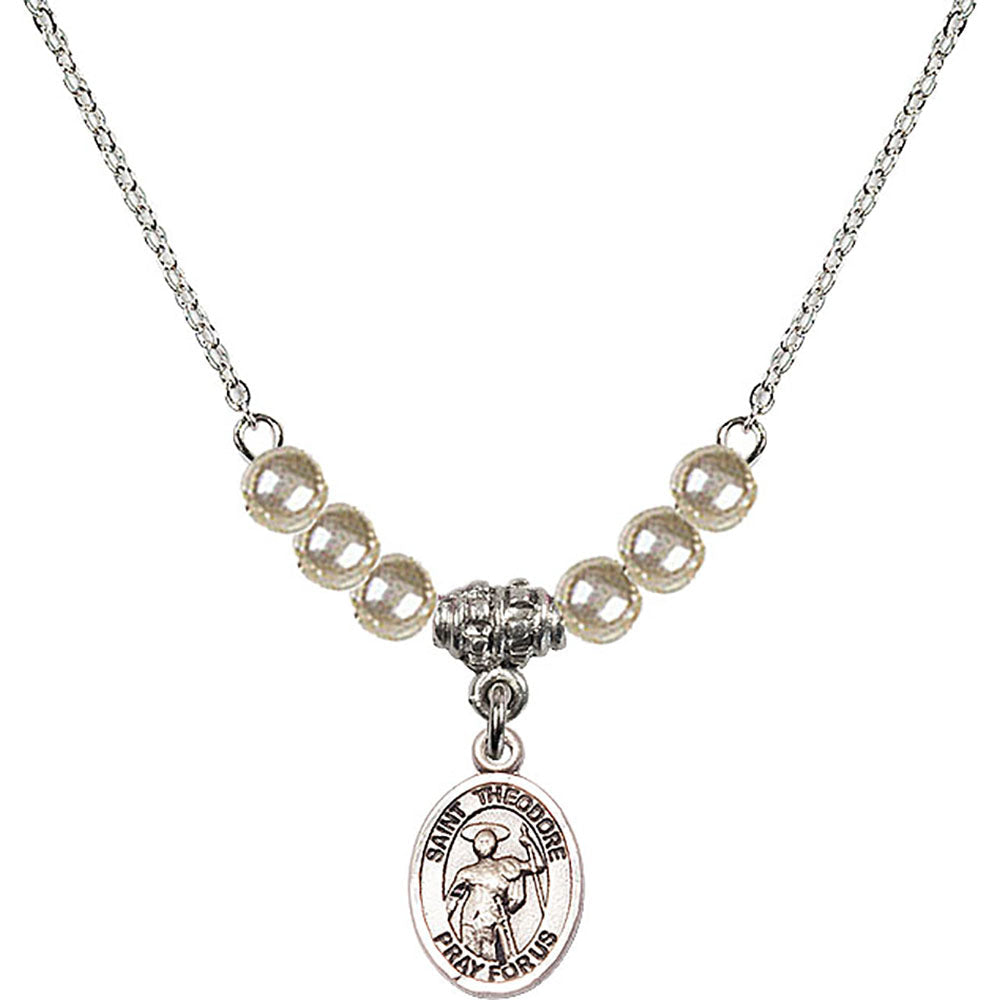 Sterling Silver Saint Theodore Stratelates Birthstone Necklace with Faux-Pearl Beads - 9415