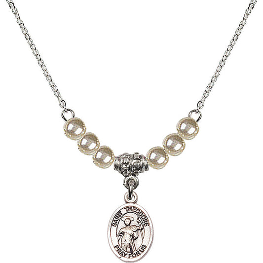 Sterling Silver Saint Theodore Stratelates Birthstone Necklace with Faux-Pearl Beads - 9415