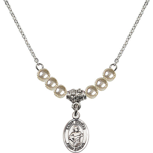Sterling Silver Saint Dismas Birthstone Necklace with Faux-Pearl Beads - 9418