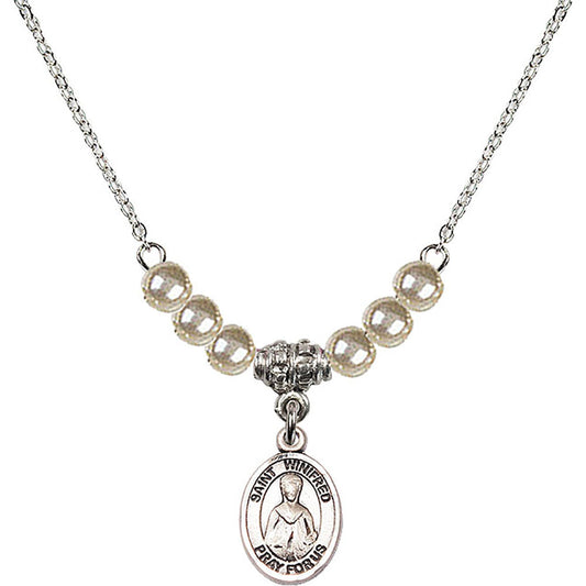 Sterling Silver Saint Winifred of Wales Birthstone Necklace with Faux-Pearl Beads - 9419