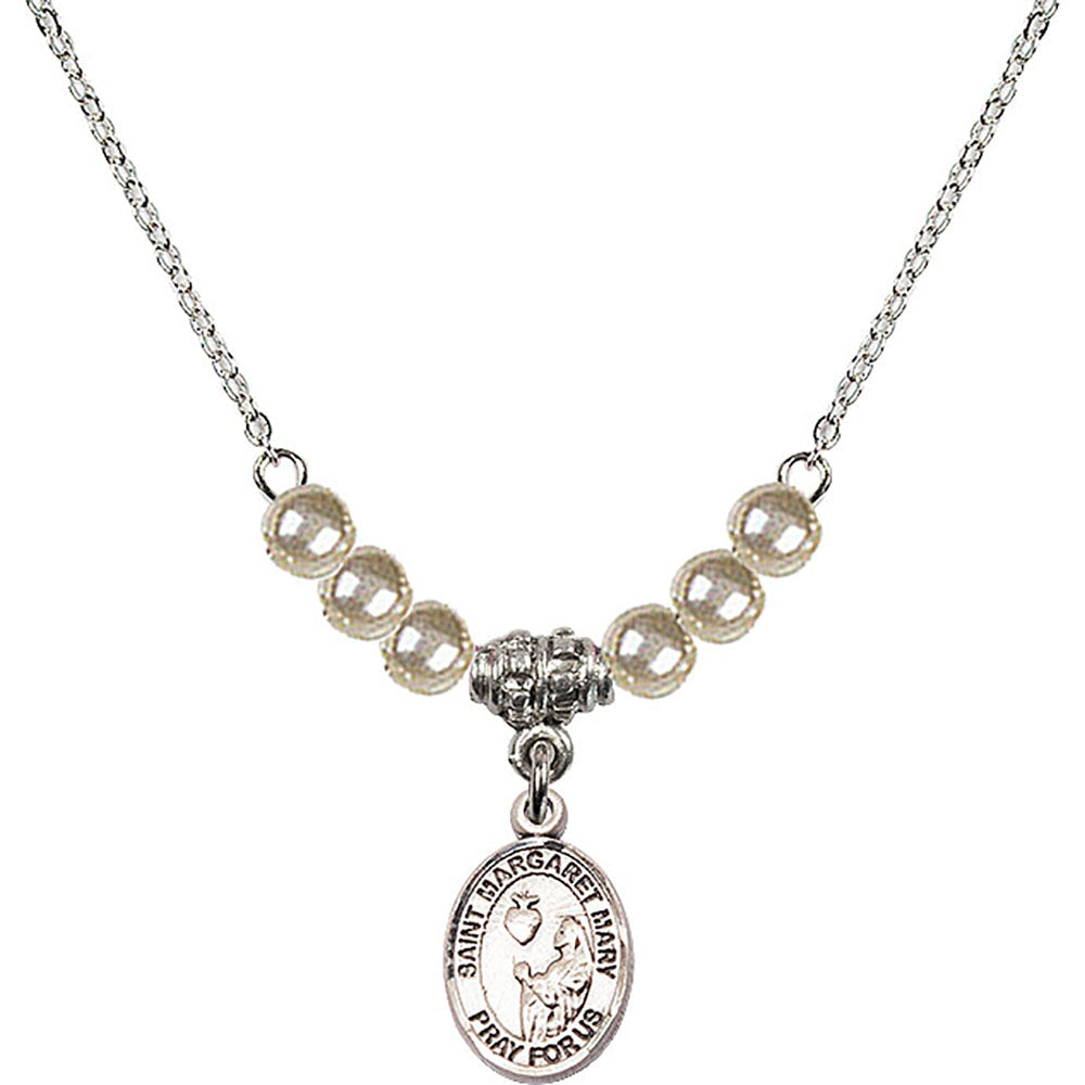 Sterling Silver Saint Margaret Mary Alacoque Birthstone Necklace with Faux-Pearl Beads - 9420