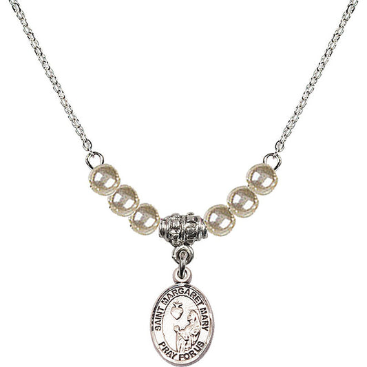 Sterling Silver Saint Margaret Mary Alacoque Birthstone Necklace with Faux-Pearl Beads - 9420
