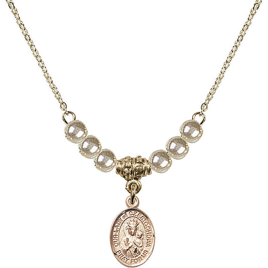14kt Gold Filled Our Lady of Czestochowa Birthstone Necklace with Faux-Pearl Beads - 9421