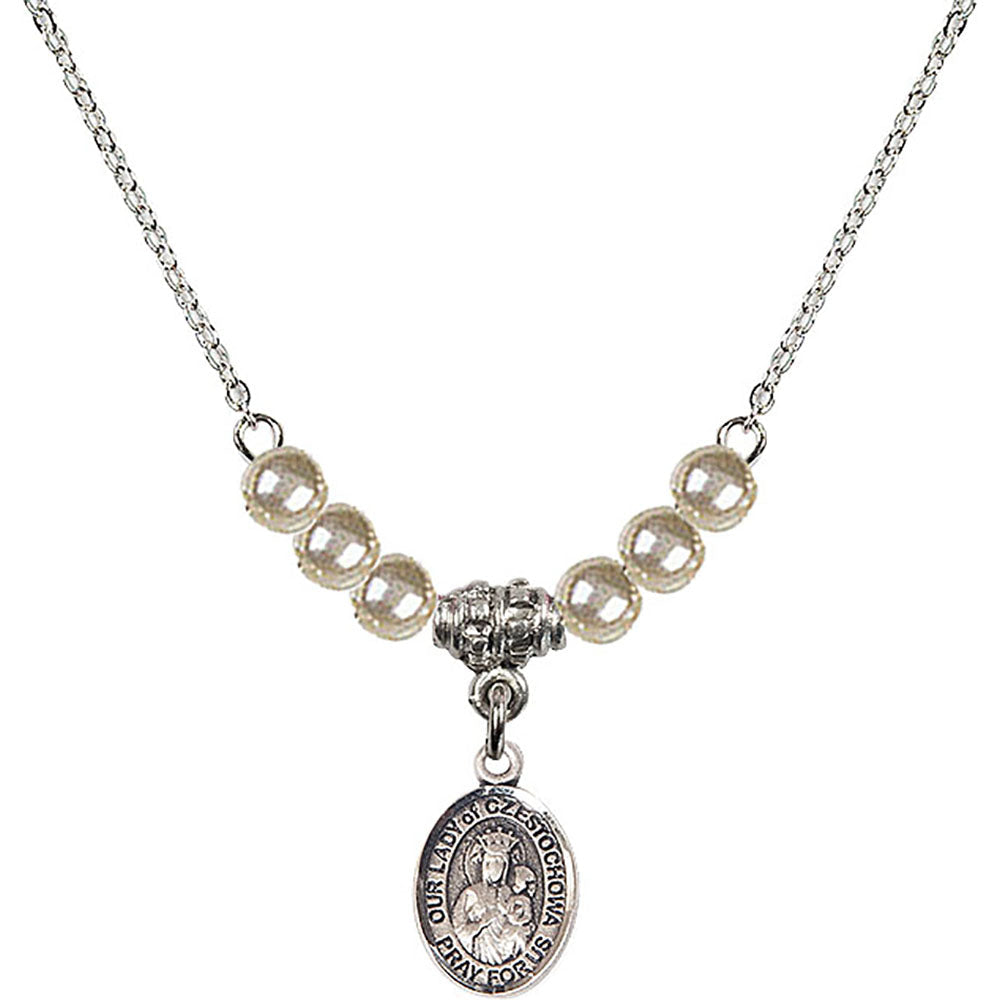 Sterling Silver Our Lady of Czestochowa Birthstone Necklace with Faux-Pearl Beads - 9421