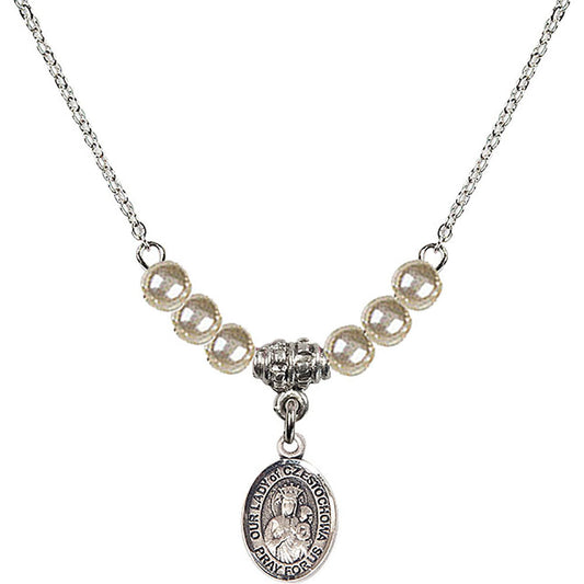 Sterling Silver Our Lady of Czestochowa Birthstone Necklace with Faux-Pearl Beads - 9421