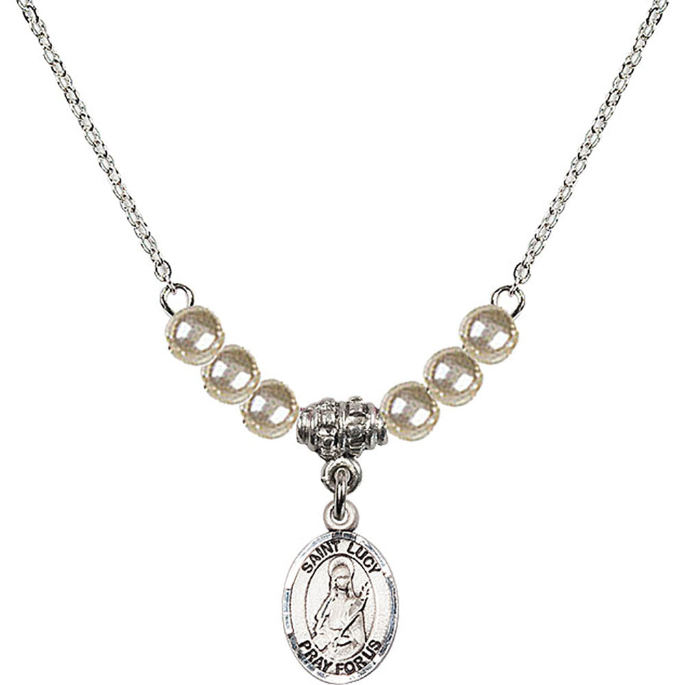 Sterling Silver Saint Lucy Birthstone Necklace with Faux-Pearl Beads - 9422