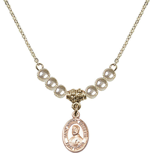 14kt Gold Filled Saint Andre Bessette Birthstone Necklace with Faux-Pearl Beads - 9424