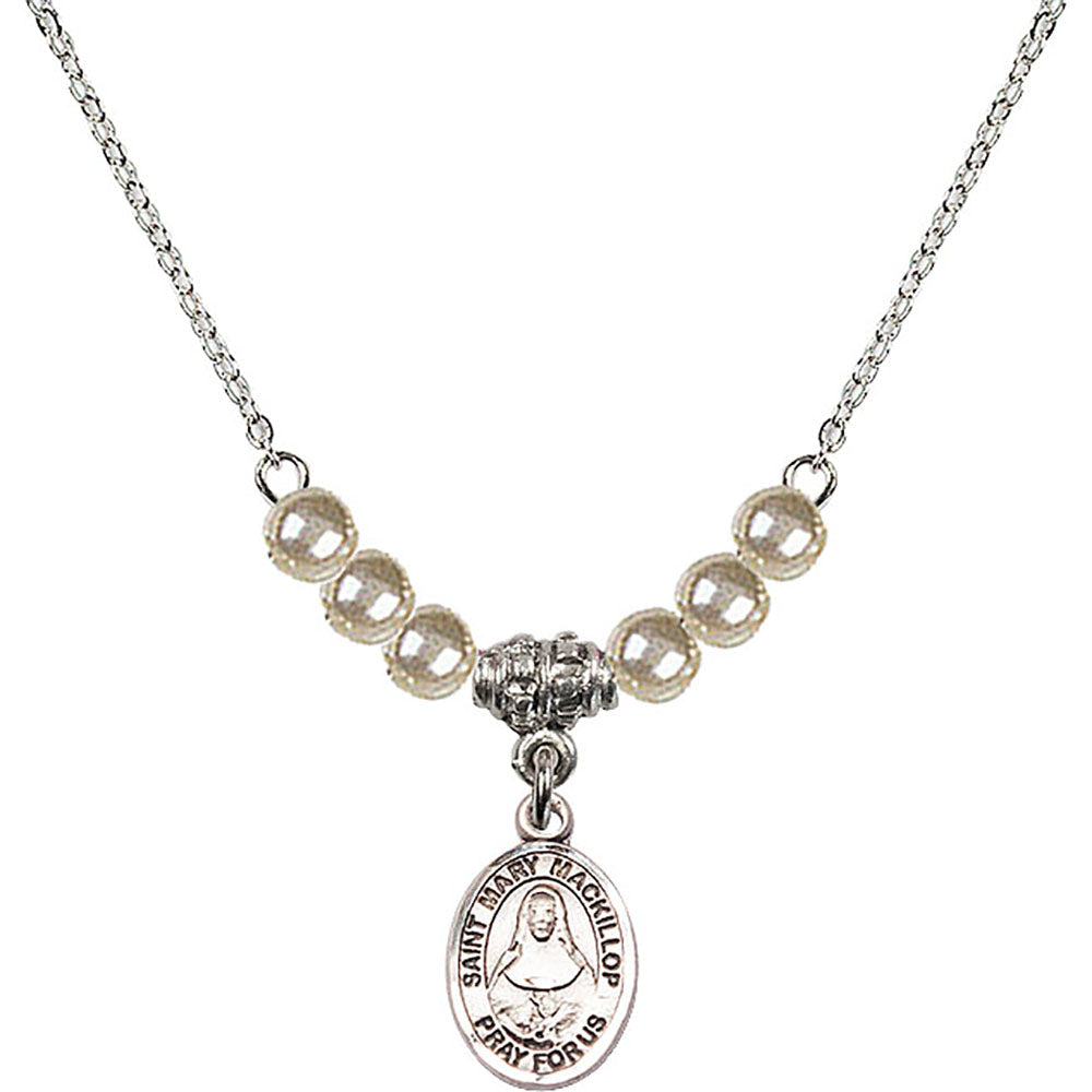 Sterling Silver Saint Mary Mackillop Birthstone Necklace with Faux-Pearl Beads - 9425