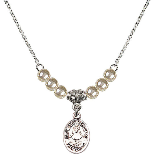Sterling Silver Saint Mary Mackillop Birthstone Necklace with Faux-Pearl Beads - 9425