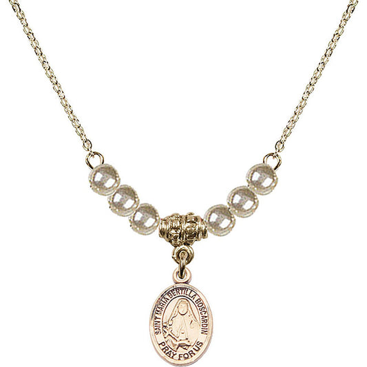 14kt Gold Filled Saint Maria Bertilla Boscardin Birthstone Necklace with Faux-Pearl Beads - 9428