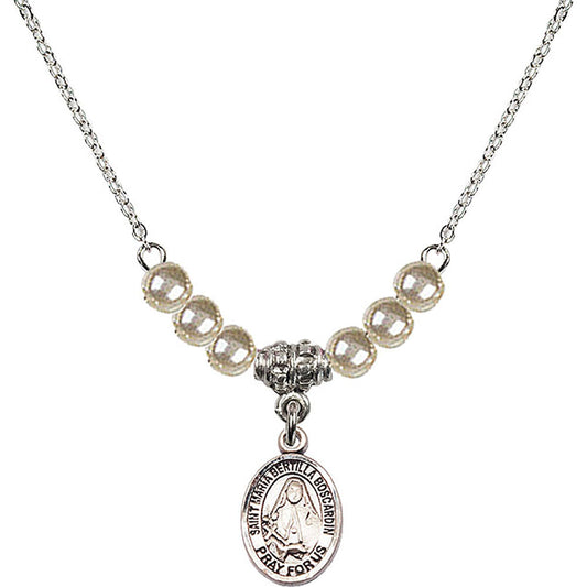Sterling Silver Saint Maria Bertilla Boscardin Birthstone Necklace with Faux-Pearl Beads - 9428