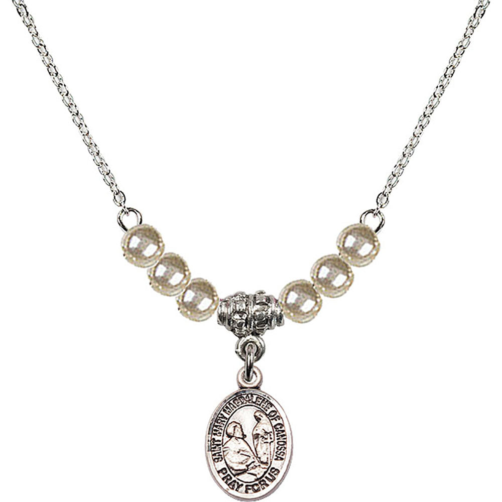 Sterling Silver Saint Mary Magdalene of Canossa Birthstone Necklace with Faux-Pearl Beads - 9429