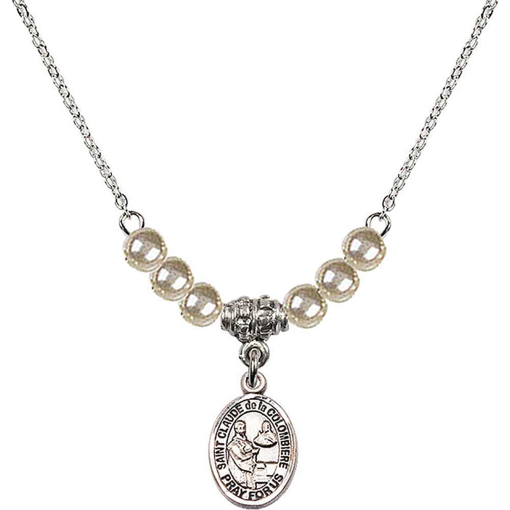 Sterling Silver Saint Claude de la Colombiere Birthstone Necklace with Faux-Pearl Beads - 9432