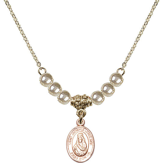 14kt Gold Filled Saint Jadwiga of Poland Birthstone Necklace with Faux-Pearl Beads - 9434