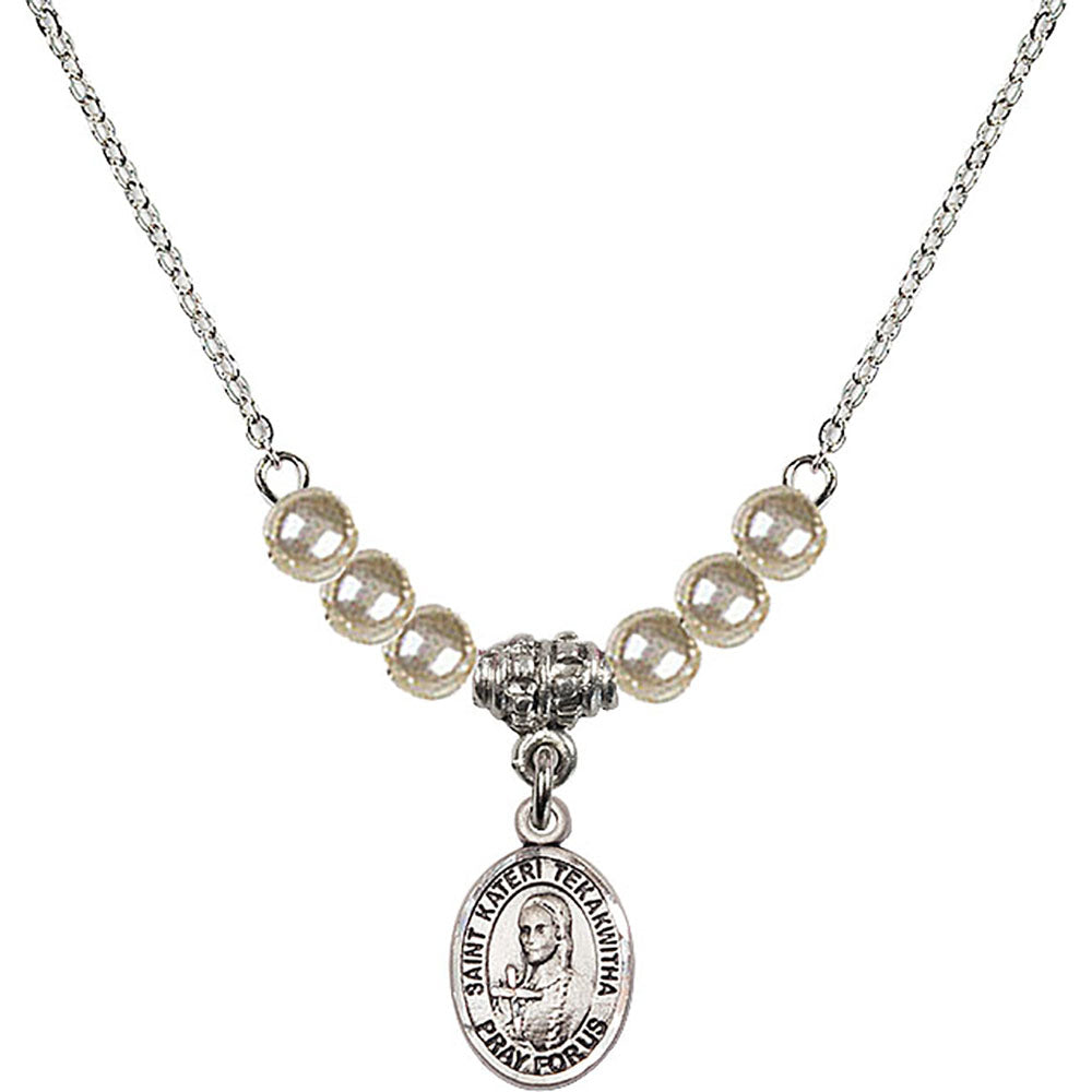 Sterling Silver Saint Kateri Tekakwitha Birthstone Necklace with Faux-Pearl Beads - 9438