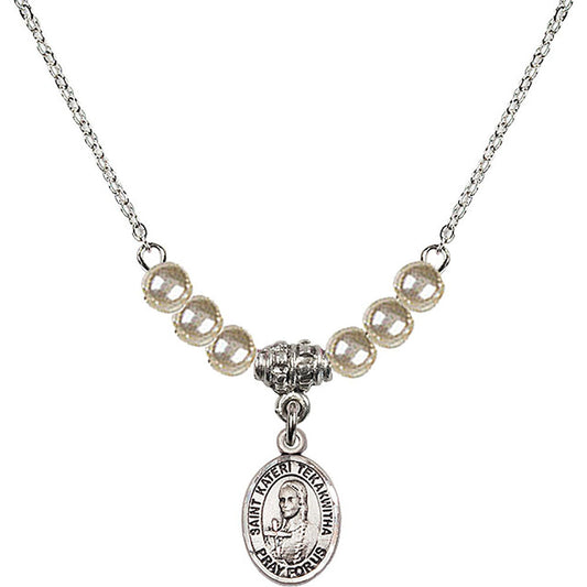 Sterling Silver Saint Kateri Tekakwitha Birthstone Necklace with Faux-Pearl Beads - 9438