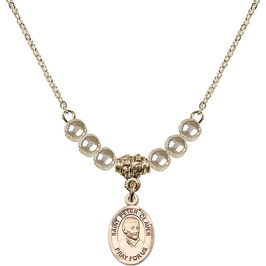 14kt Gold Filled Saint Peter Claver Birthstone Necklace with Faux-Pearl Beads - 9442