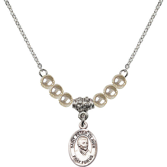 Sterling Silver Saint Peter Claver Birthstone Necklace with Faux-Pearl Beads - 9442