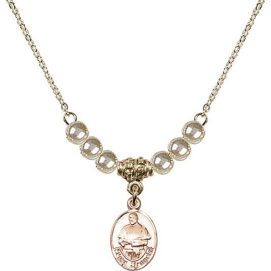 14kt Gold Filled Pope Francis Birthstone Necklace with Faux-Pearl Beads - 9451