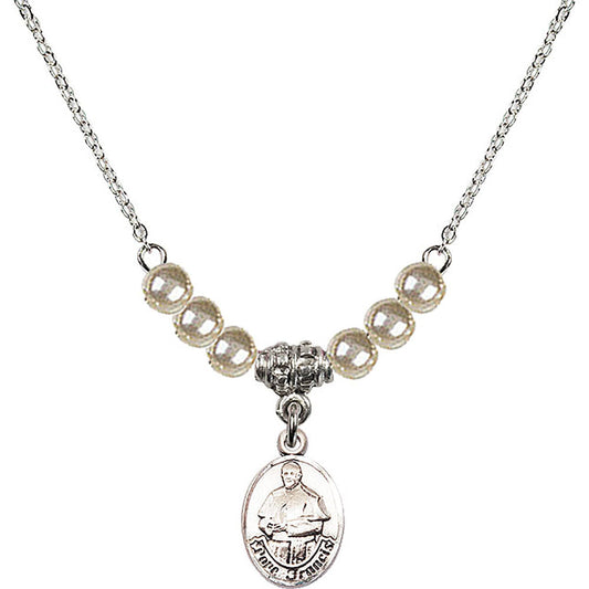 Sterling Silver Pope Francis Birthstone Necklace with Faux-Pearl Beads - 9451