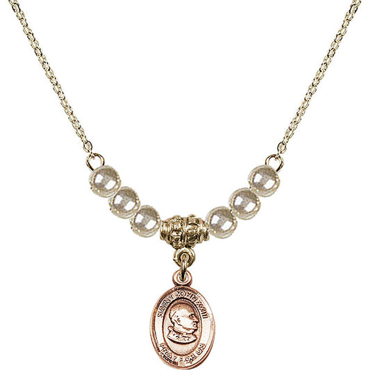 14kt Gold Filled Saint John XXIII Birthstone Necklace with Faux-Pearl Beads - 9455