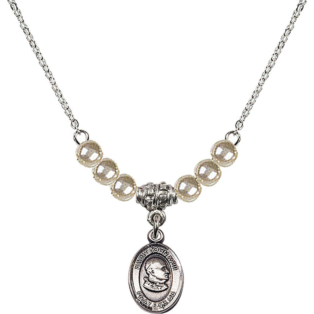 Sterling Silver Saint John XXIII Birthstone Necklace with Faux-Pearl Beads - 9455