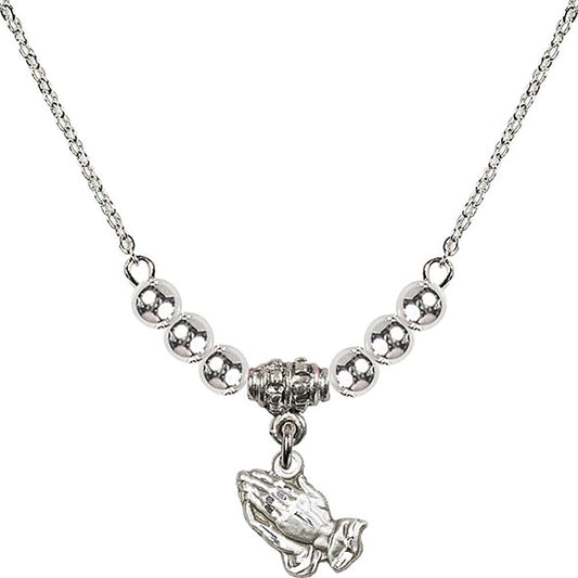 Sterling Silver Praying Hands Birthstone Necklace with Sterling Silver Beads - 0220