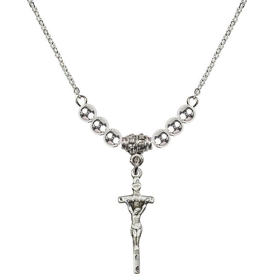 Sterling Silver Papal Crucifix Birthstone Necklace with Sterling Silver Beads - 0563