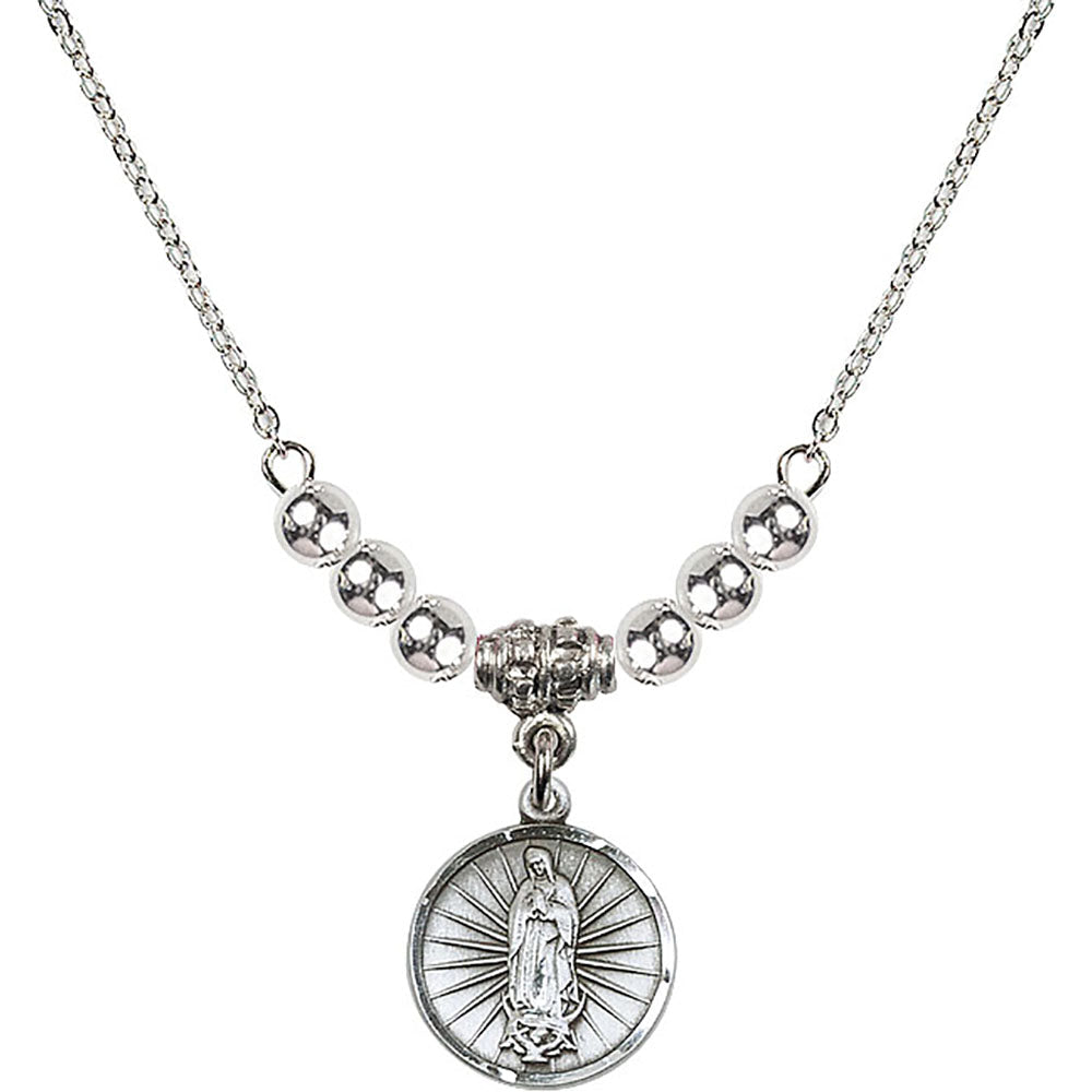 Sterling Silver Our Lady of Guadalupe Birthstone Necklace with Sterling Silver Beads - 0601