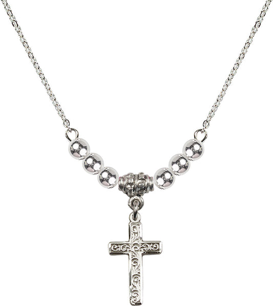 Sterling Silver Cross Birthstone Necklace with Sterling Silver Beads - 0672