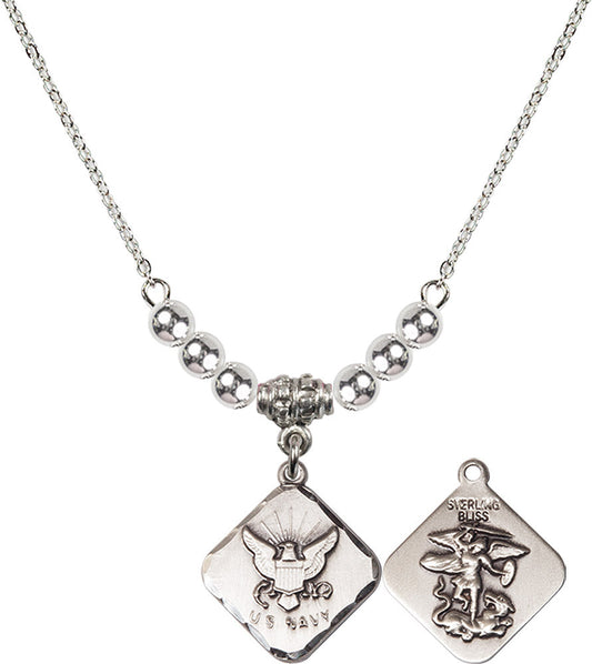 Sterling Silver Navy Diamond Birthstone Necklace with Sterling Silver Beads - 1180