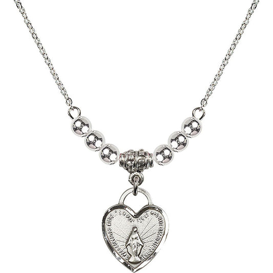 Sterling Silver Miraculous Heart Birthstone Necklace with Sterling Silver Beads - 3401