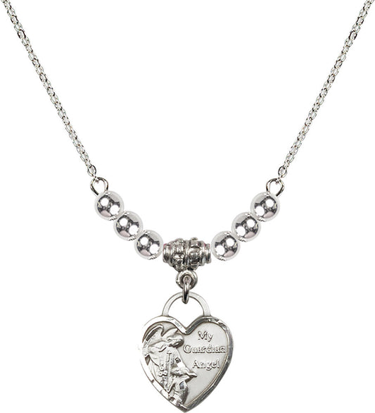 Sterling Silver Guardian Angel Heart Birthstone Necklace with Sterling Silver Beads - 3402
