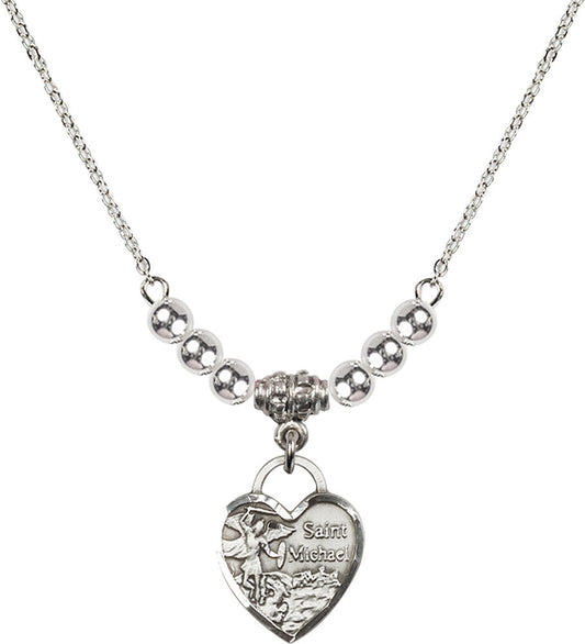 Sterling Silver Saint Michael Heart Birthstone Necklace with Sterling Silver Beads - 3403